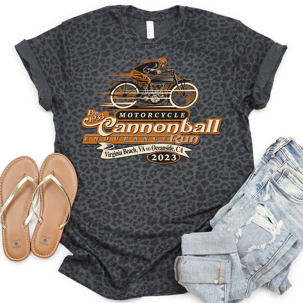 2023 Motorcycle Cannonball Endurance Run Black Leopard Tee