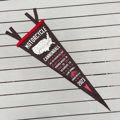 2023 Motorcycle Cannonball Brown and Red Wool Pennant with Cannonball Route Map "Virginia Beach, VA to Oceanside, CA