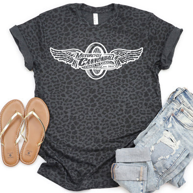 Motorcycle Cannonball Winged Wheel Black Leopard Tee