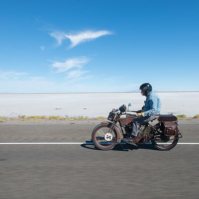 Victor Boocock on his 1914 Harley Davidson on the 2014 Motorcycle Cannonball near the Bonneville Salt Flats in Utah
