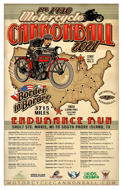 2021 Motorcycle Cannonball Limited Edition Event Route Poster 11"x17"
